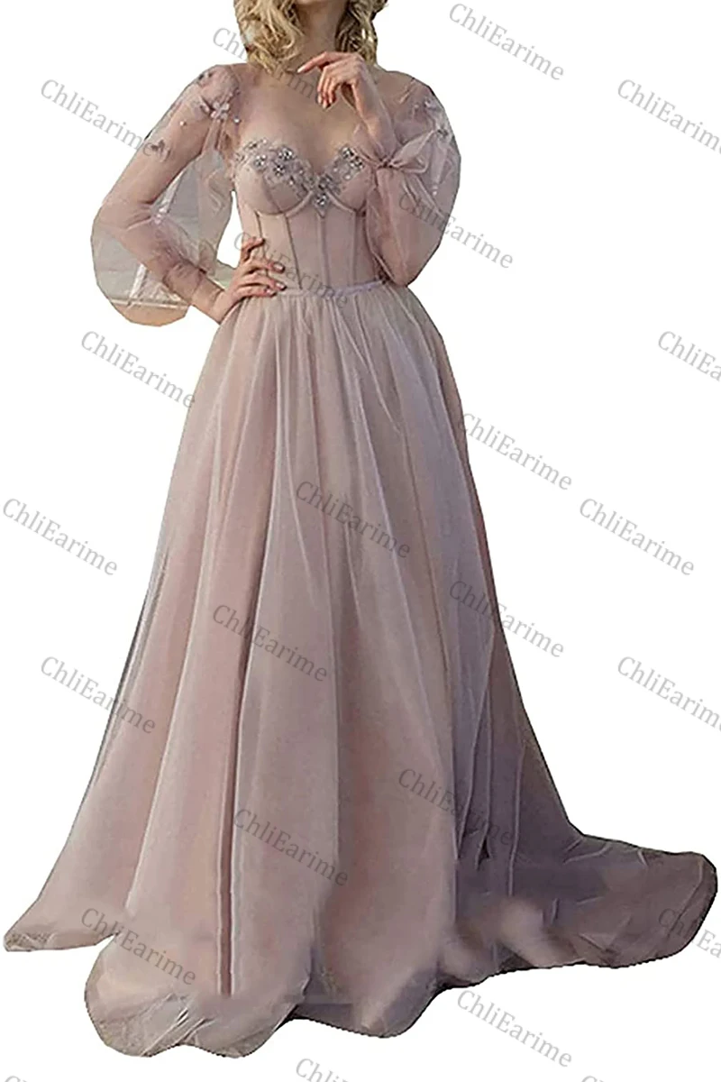 Frauen Vintage Ballkleider Tüll Formale Prom Abendkleid Puffy Langarm Schatz Prinzessin Hochzeit Kleider