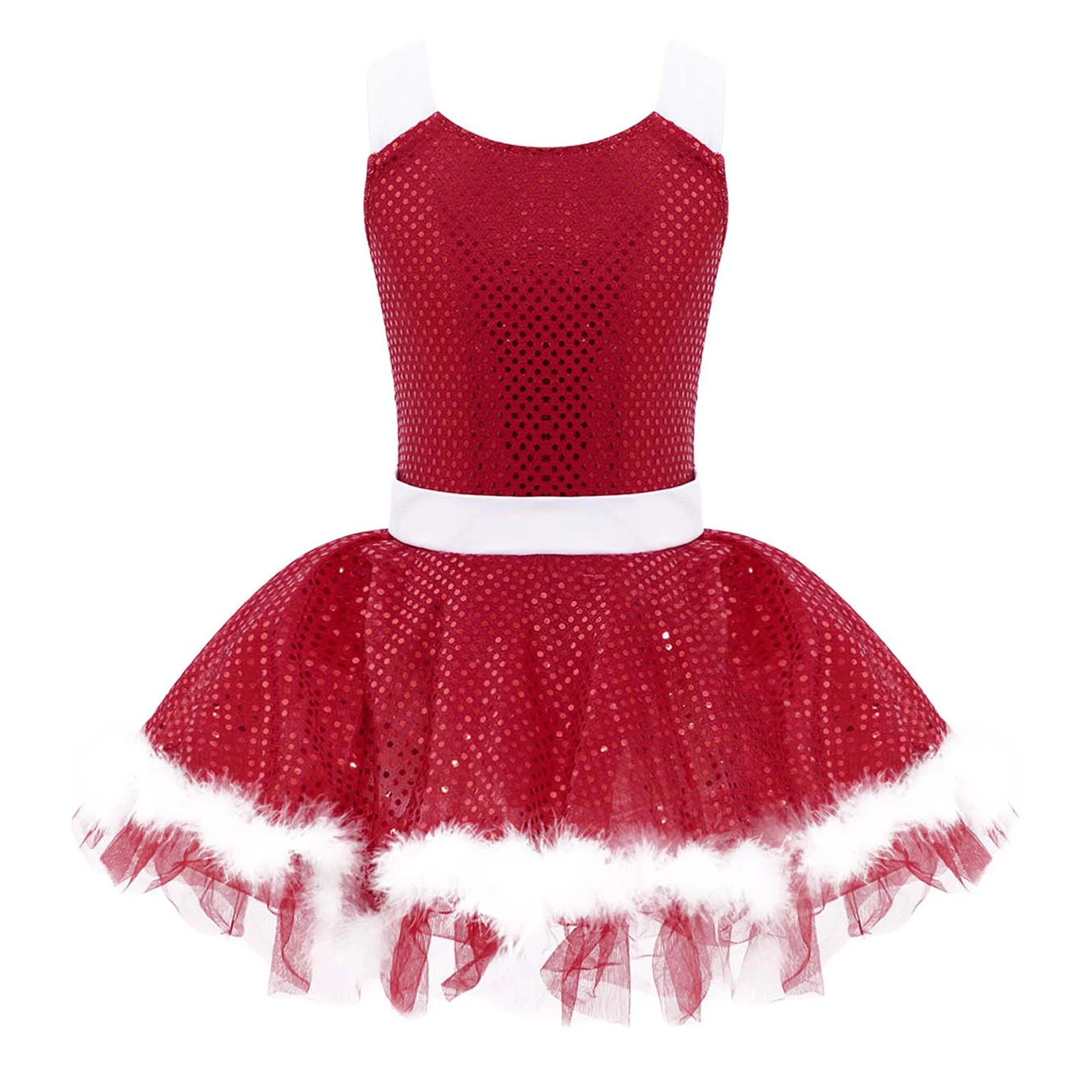 Kids Girls Ballet Dresses Sleeveless Tutu Sequins Dress Red Figure Ice Skating Dress Gymnastics Leotard Christmas Dance Costume