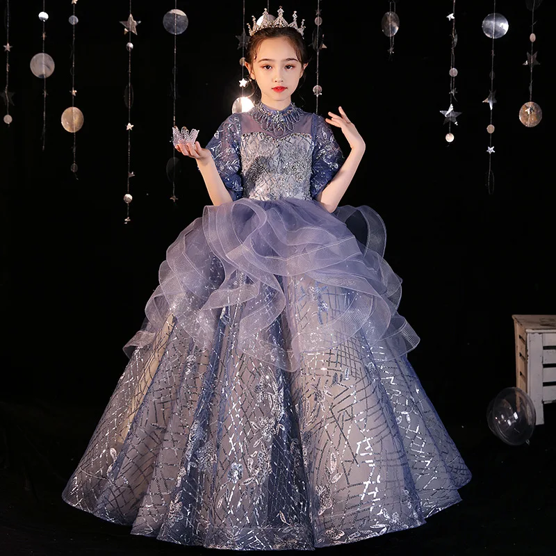 

2024 Girls Dress Elegant New Year Princess Children beading Wedding Gown Kids Dresses for Girls Birthday Party Dress