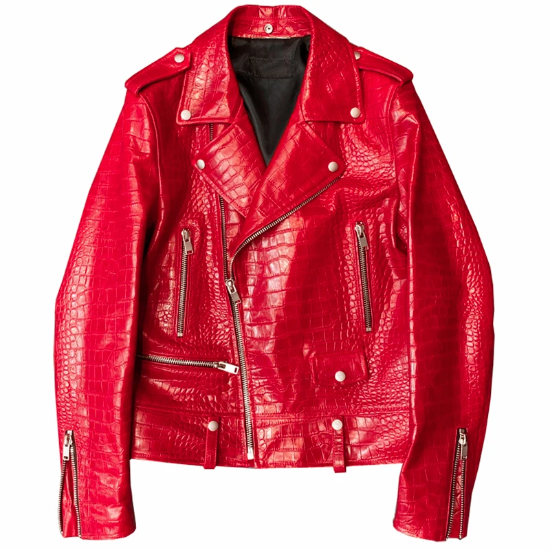 Mauroicardi Spring Red Crocodile Pattern Faux Leather Biker Jacket Long Sleeve Zipper Plus Size Designer Men Clothing 4xl 5xl