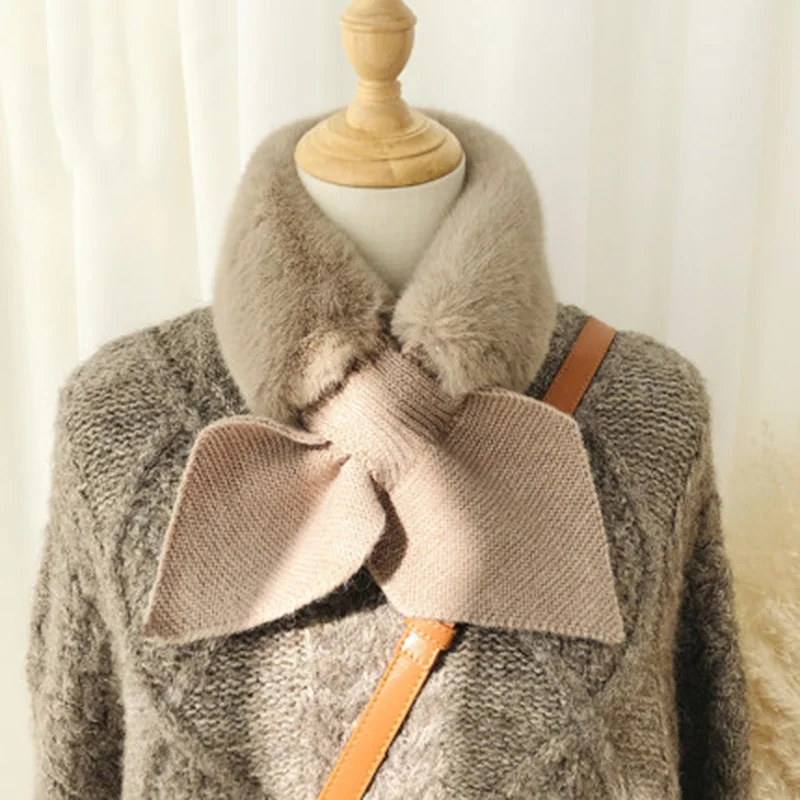 Korean Women Bow Knit Wool Warm Scarf Winter Faux Rabbit Fur Thicken Windproof Cross False Collar Neck Guard Plush Shawl O77