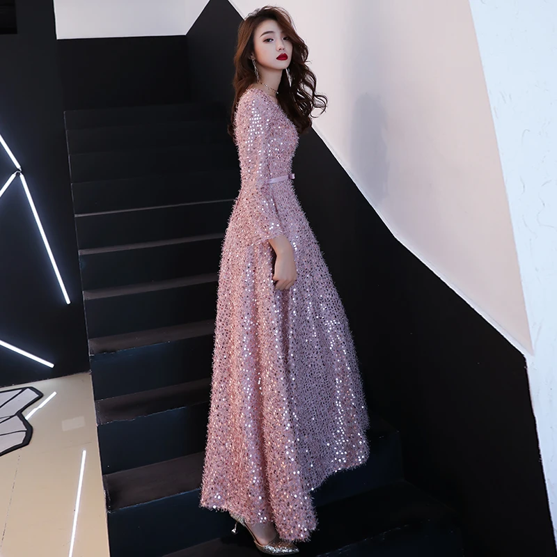 2021 elegante Rosa Federn Lange Abendkleid mit Lange-sleeve Shiny Pailletten Lace Up Bodenlangen Formale Kleider neue Party Kleider