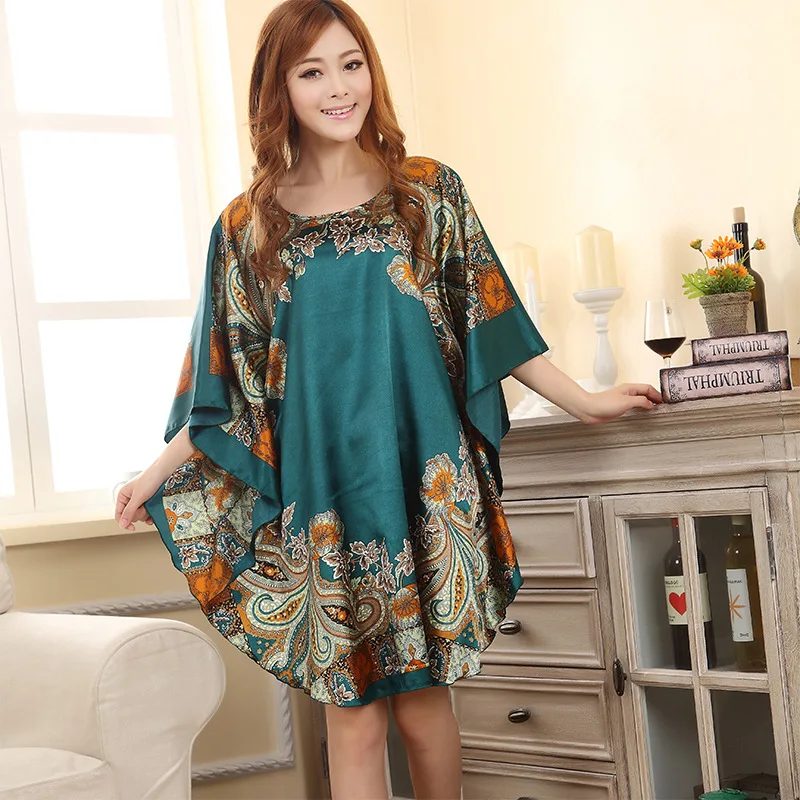 Hot Sale Women Faux Silk Sleepwear Nightgown Lady Rayon Robe Bathrobe Home Dress Vintage Kaftan Gown Nightshirt