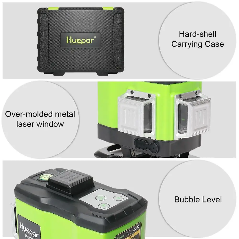 Huepar 3D Self-leveling Laser Level 3x360 Green Beam Cross Line 360° Vertical Horizontal Line Remote Control & Hard Carry Case