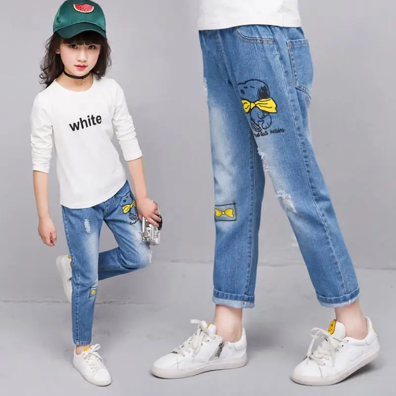 2024 Spring New Fashion Girls Cartoon figure Middle Waist Soild Color Cartoon Jeans Baby Trousers Cotton Denim Long Pants3-12Y