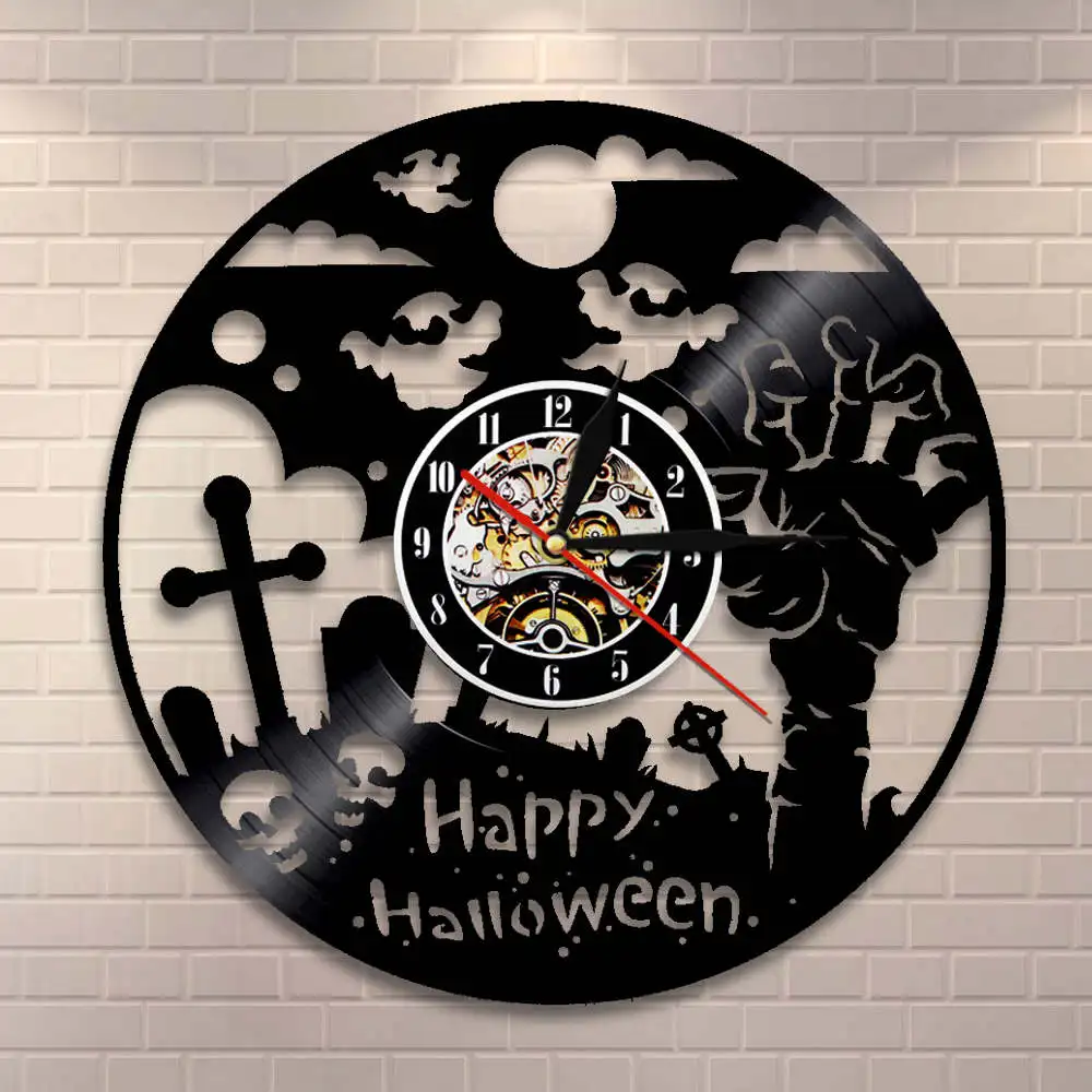 Happy Halloween Decorative Silent Quartz Vinyl Record Wall Clock Horror Decor Zombie Hand Wall Hanging Watch Kids Favorite Gift