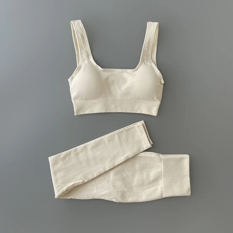 Conjunto deportivo mujer,Conjuntos de ropa de Yoga acanalada para mujer, Leggings de cintura alta y Top de dos piezas, chándal sin costuras,