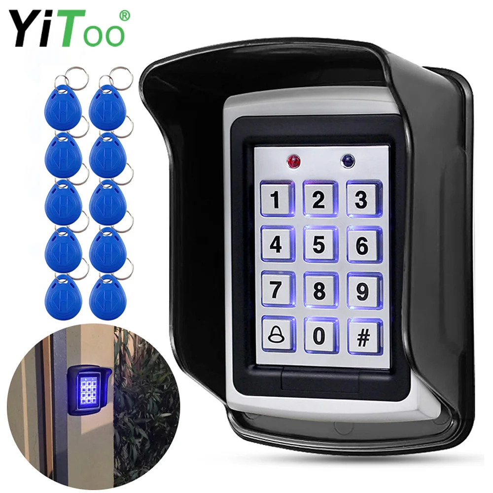 YiToo Metal Case Access Control Keypad Outdoor Waterproof RFID Door Opener, Wiegand 26 with Rainproof Cover and EM4100 Key Cards