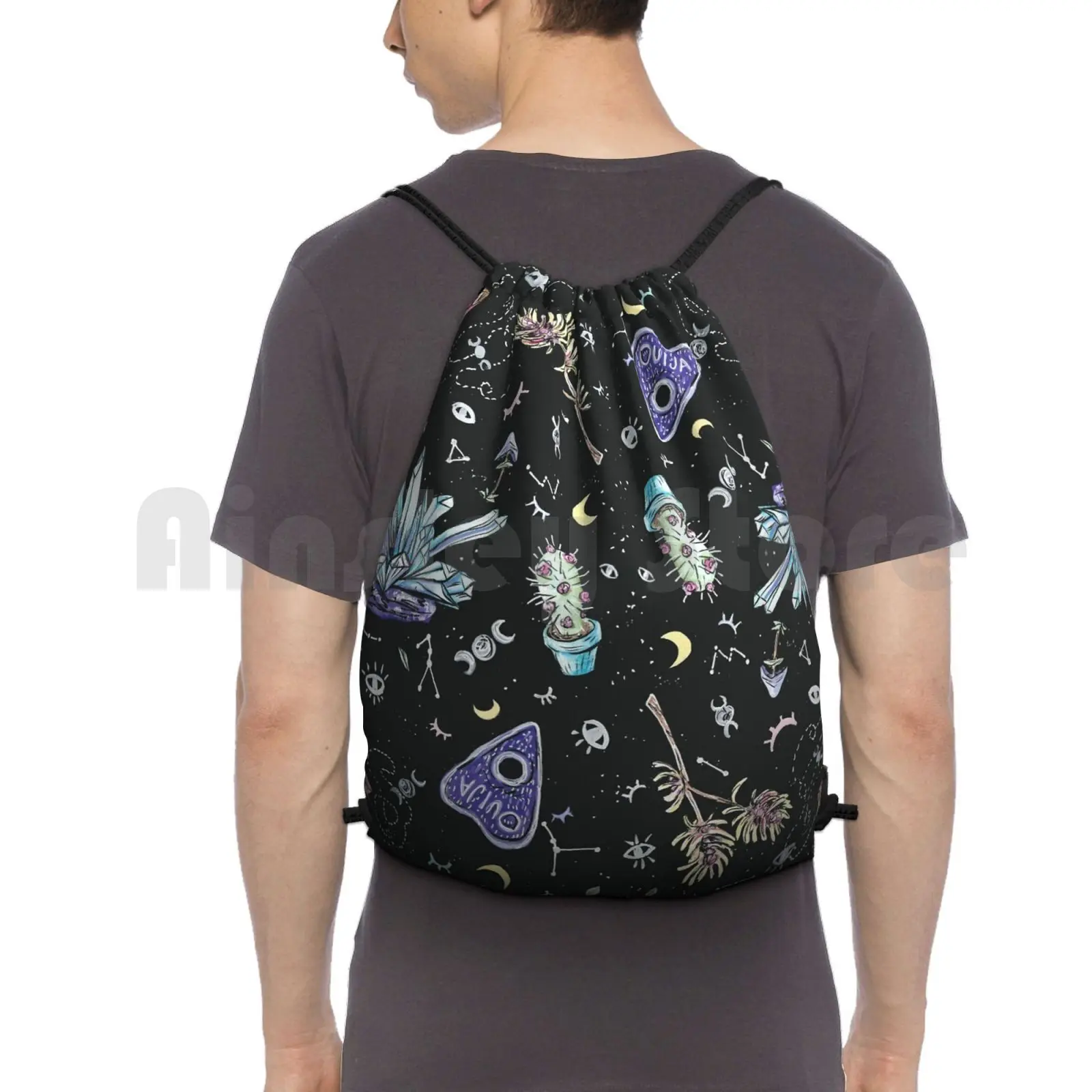 

Ouija Backpack Drawstring Bag Riding Climbing Gym Bag Gouache Traditional Crystal Ouija Planchette Witch Hazel Witch Occult