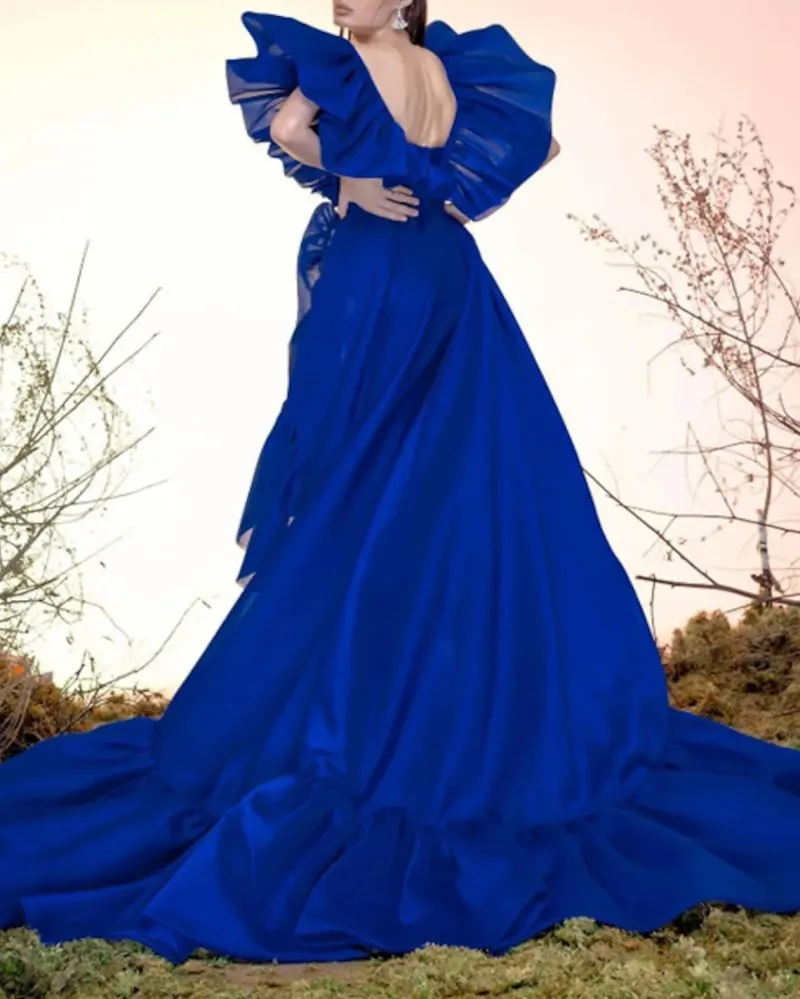 Robe De Soirée Sexy en Satin bleu Royal, tenue De bal à volants, Style célébrité, nouvelle collection 2022