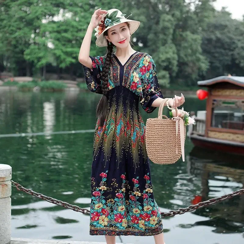 

Plus Size Silk Dress Women Summer Batwing Sleeve Fashion Print High Waist Dresses Bohemian Beach Holiday Casual Female Dress