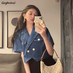 Denim Blazers Women Fashion Double Breasted Asymmetrical Loose Solid Short Sleeve Crop Outwear Female Casual Retro Stylish Ins