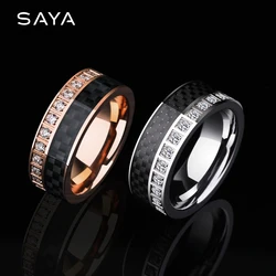 Rings for Men Women, Tungsten Rings for Engagement, Band Inlay Black Carbon Fiber and Shiny CZ Stones, Customized