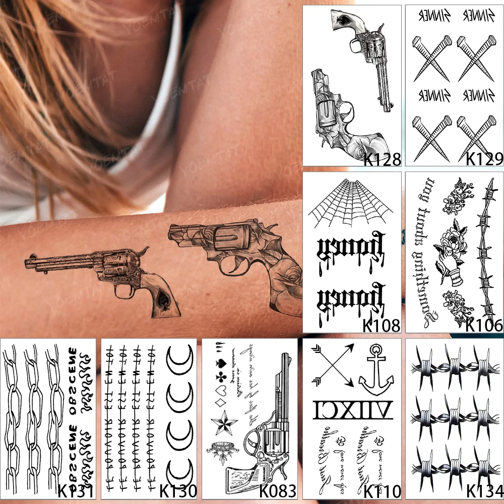 Autocollant de tatouage temporaire imperméable, 9 pièces/lot, faux tatouage 3D homme, serpent noir, démon, pistolet, papillon, Flash, femme, poignet, Art corporel