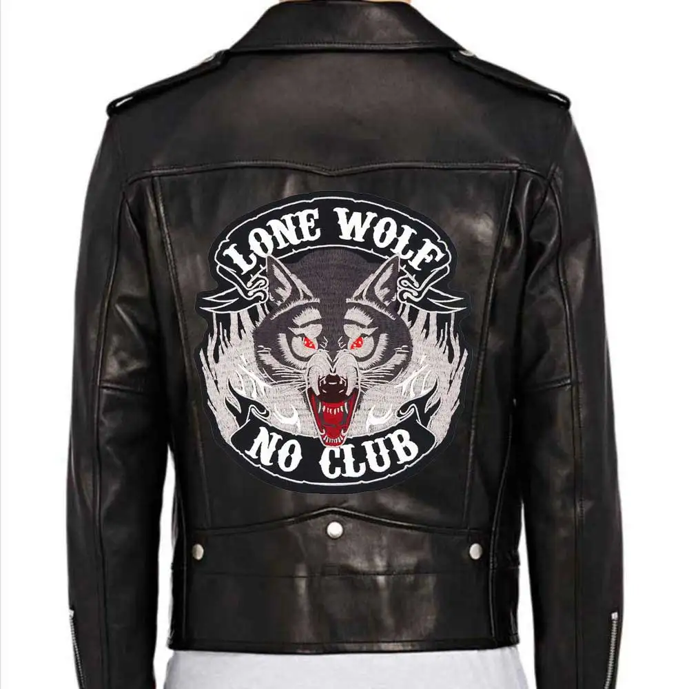 Lone Wolf No Club Patch da motociclista Punk con ricamo di grandi dimensioni per borse per cappelli di abbigliamento ferro sul retro