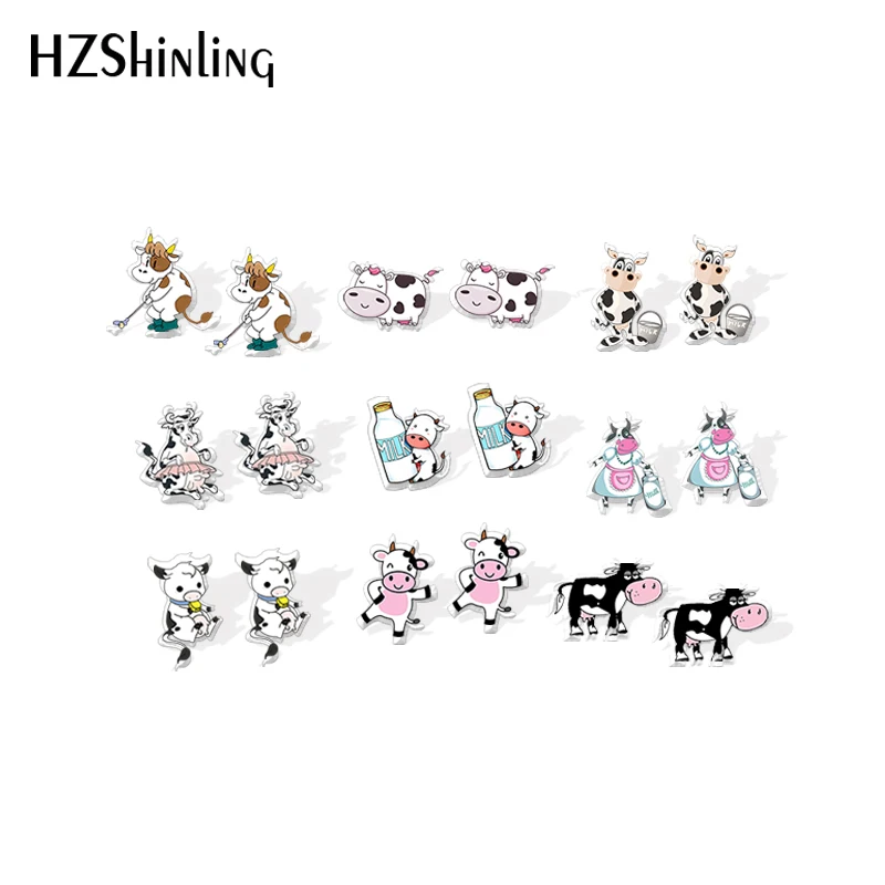 2020 New Dairy Cow Stud Earring Happy Animal Acrylic Earrings Resin Epoxy Handmade Jewelry