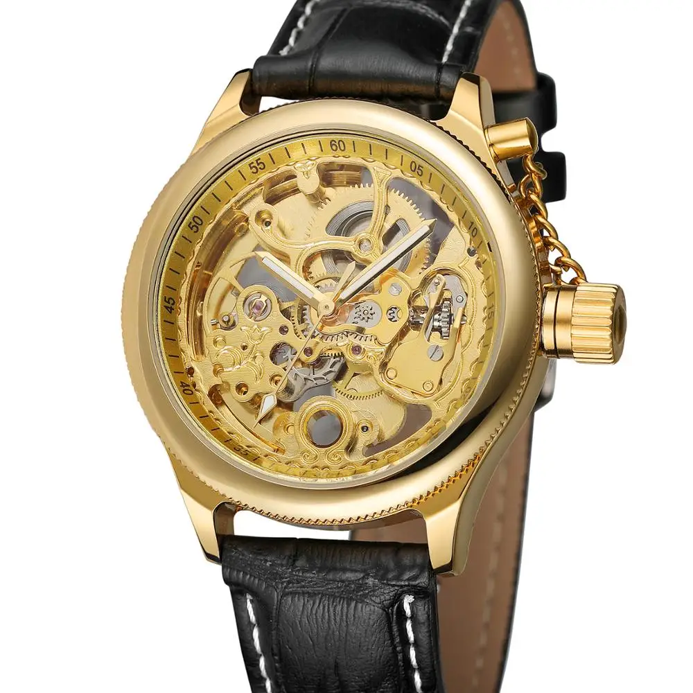 

FORSINING Fashion casual men watch gold round case dial and pointer black leather strap automatic mechanical watch holiday gift