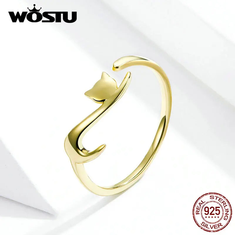 WOSTU 100% Real 925 Sterling Silver Cute Cat Finger Adjustable Rings for Women Band Rings Party Jewelry Gift DXR341