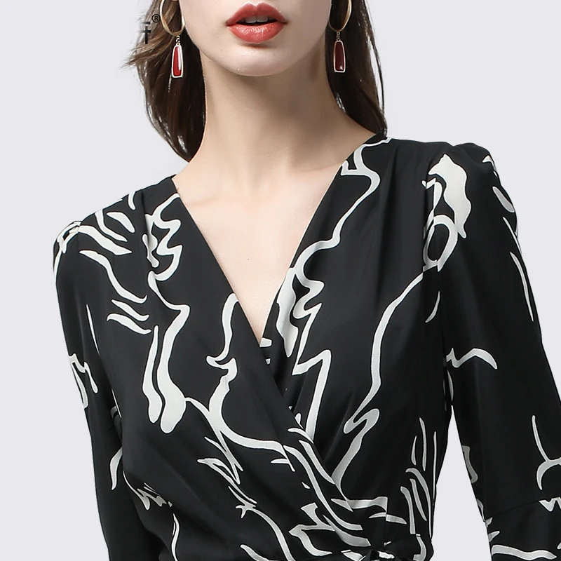 موضة الأسود المشارب طباعة ذيل طويل المرأة قمصان سهرة أنيقة ضئيلة سبعة كم بلوزات على شكل حرف v مع حزام مكتب بلوزة عادية #5