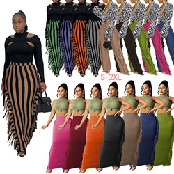 Mid-length skirt with fringes on both sides, high-waist striped print long skirt, tight-fitting party dress, party dress