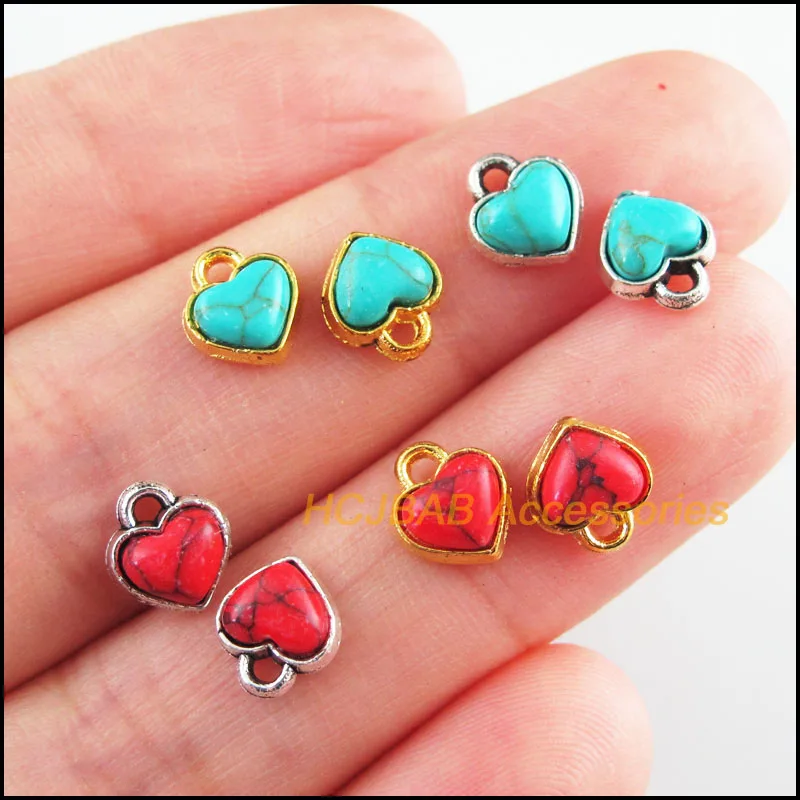 20Pcs Retro Gold Color Tibetan Silver Tone Tiny Heart Blue&Red Stone Charms Pendants 7x8mm