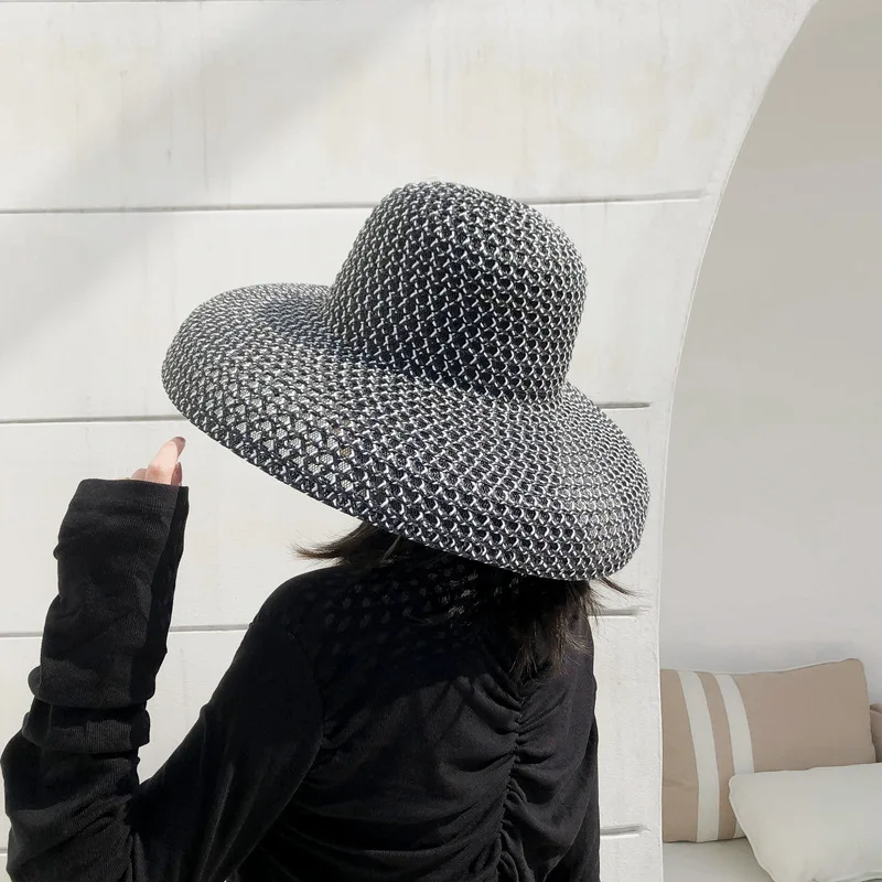 Summer PP black and white straw hat sun hat sunscreen holiday seaside beach big brim summer sun hat sun hat