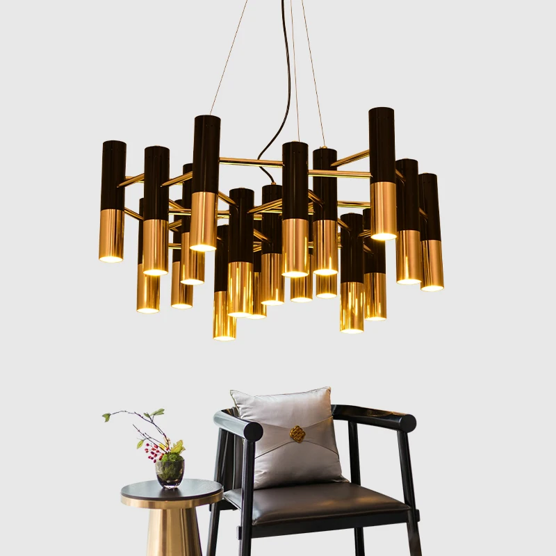 Postmodern Living Room Chandelier Cylinder Combination Black Gold 13 Heads Lamp Nordic Fashion Lamps Gold Chandelier E14 Lamps