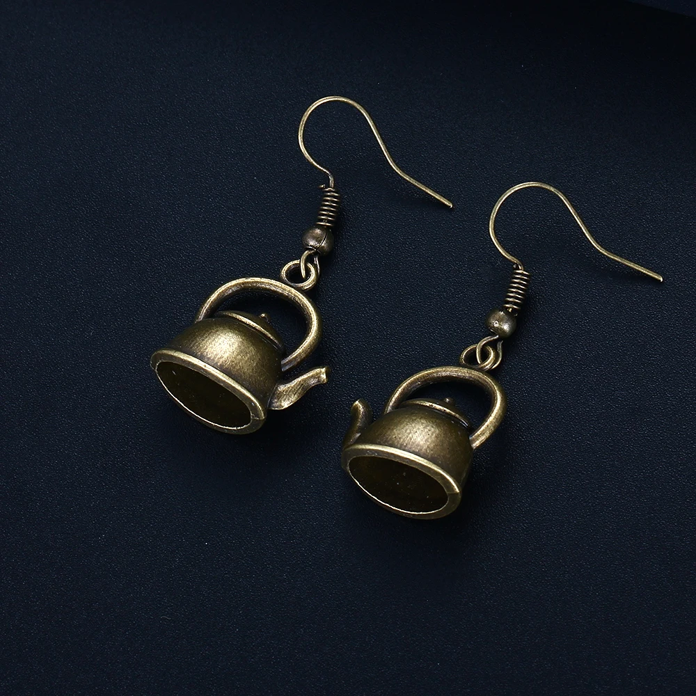 Trendy Vintage Bronze Kettle Shape Dangle Earrings for Women Girl Retro Drop Earrings Cute Small Object Earring Jewelry Bijoux