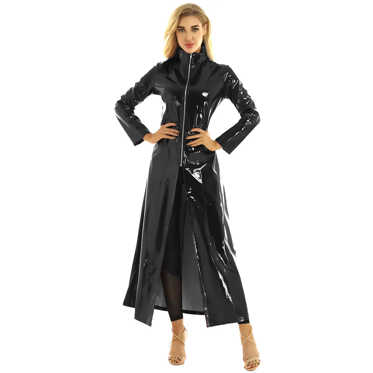 PVC Leather Trench Coat Unisex Women Punk Streetwear Long Trench Coat Wetlook Men HOT Moto Biker Trench Coat Clubwear Coat