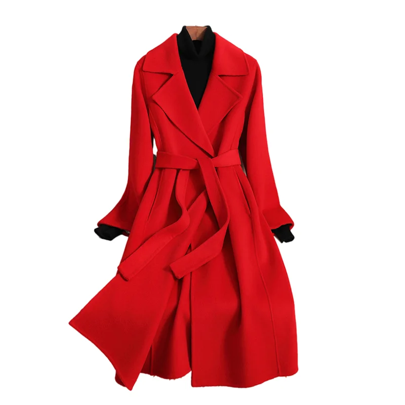 Double-Sided Cashmere Jacket Women Long 2023 Autumn Winter Korean Lace Up Wool Overcoat High-End Slim Woolen Coat Female H1891