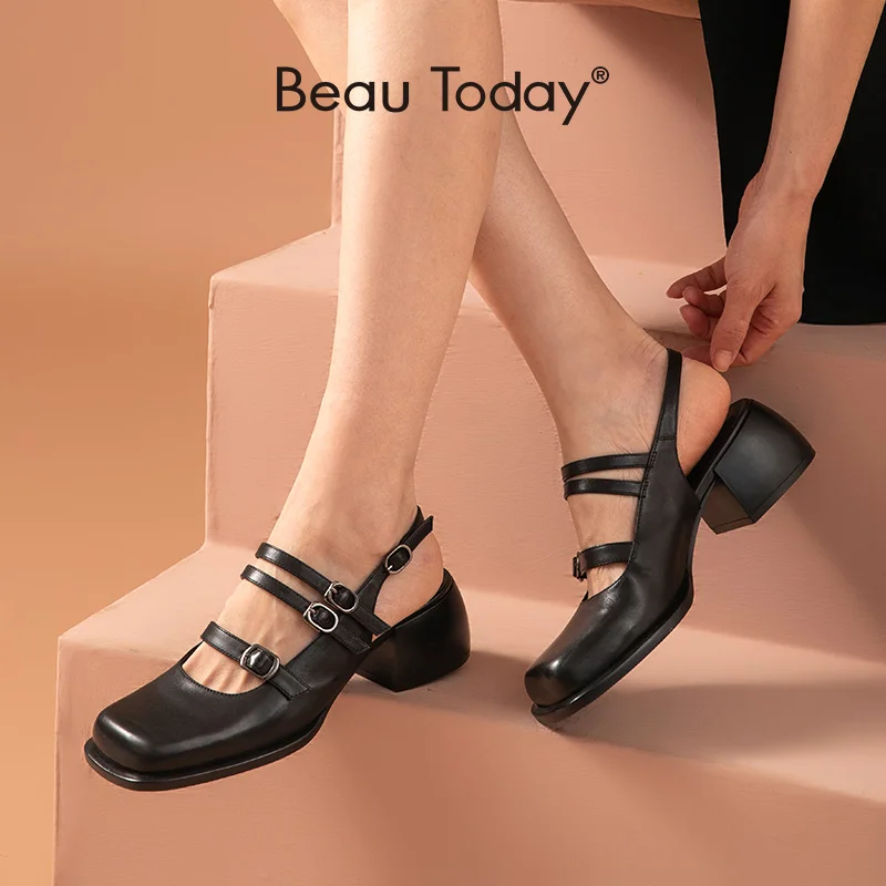 

BeauToday Women Sandals Cow Leather Square Toe High Heels Summer Pumps Shallow Buckles Strap Mary Janes Shoes Handmade 31178