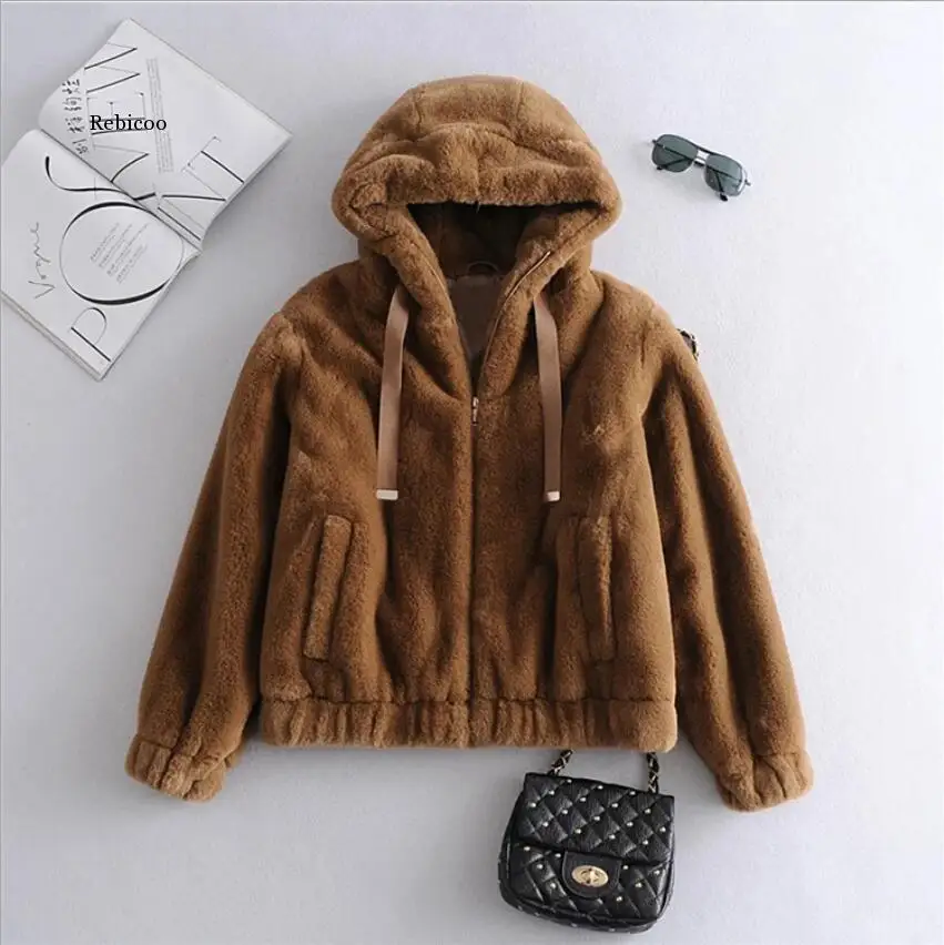 Causal Women Black Faux Fur Coats Fashion Ladies Zipper Jackets Streetwear Female Thick Hooded OuterCoat Chic Girl Coat