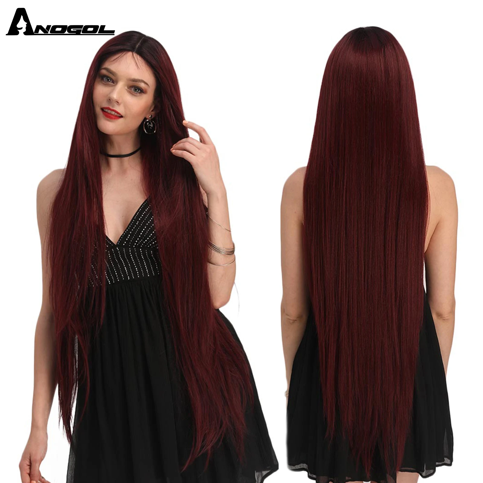 ANOGOL 40Inch Lace Front Wig Long Straight Platinum Blonde 613 Burgundy Red Heat Resistant Synthetic Hair for Balck Girl