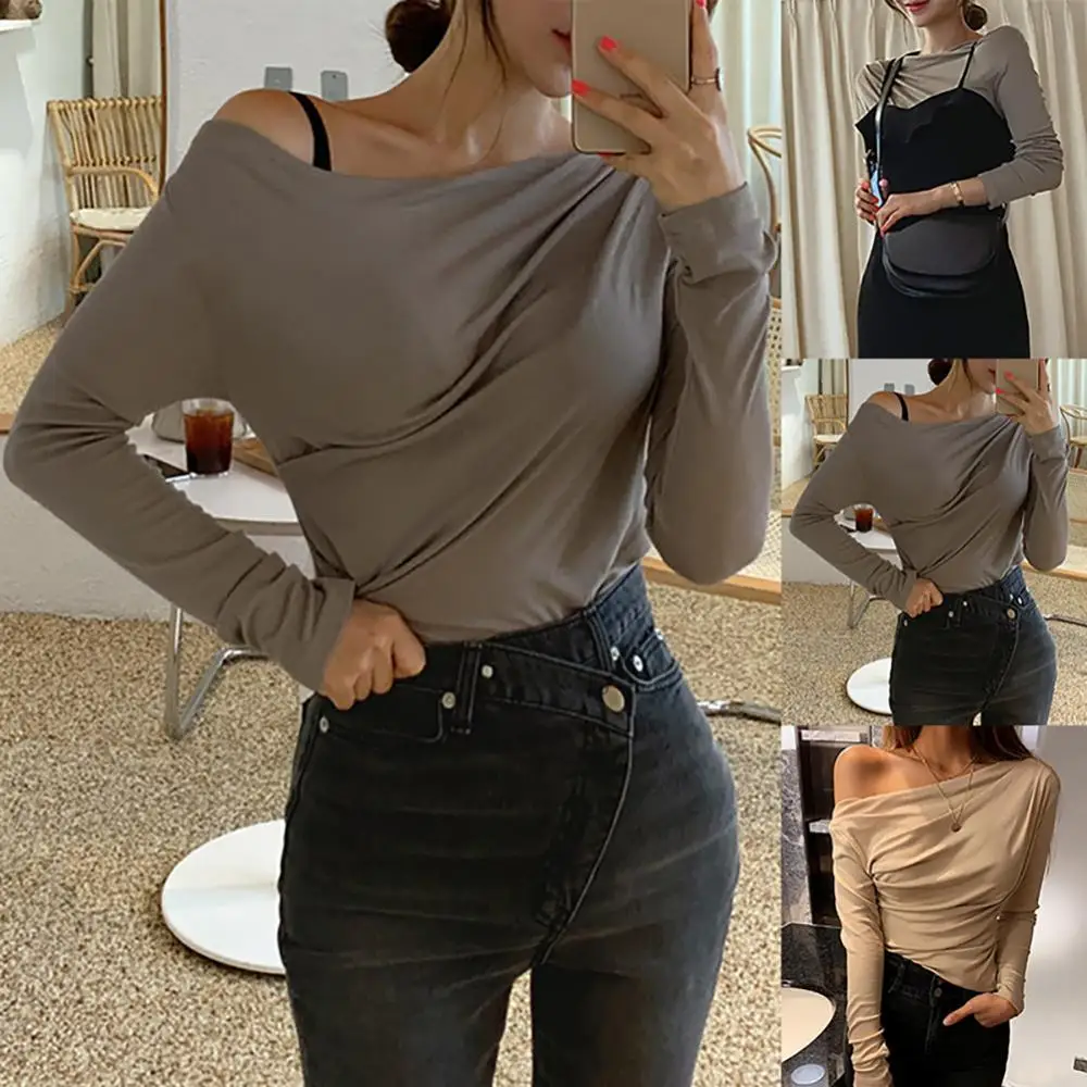 2021 Women Elegant Long Sleeve Off-the-shoulder Pleated Solid Color T-shirt Sexy Woman Backless Sexy Women T-Shirt Long Sleeve