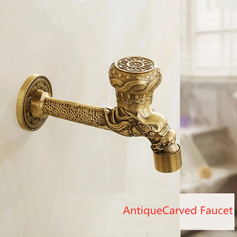 Antique Brass Dragon Carved Faucet Retro Bathroom Garden Single Cold Water Tap with Washer for Toilet Mop Pool