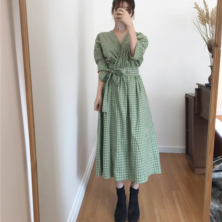 2021 New Summer Women Dresses Plaid V-Neck Pleated High Waist Casual Lace Up Bow  One Piece Cotton and Linen Long Dress DR1822