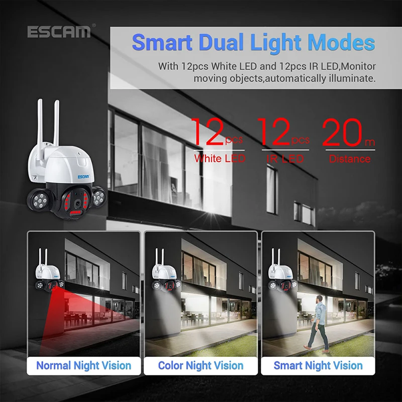 ESCAM – caméra de surveillance extérieure PTZ IP WIFI hd 3MP (QF233), dispositif de sécurité sans fil, avec codec H.265, détection de mouvement et voix bidirectionnelle, double Source de lumière et Vision nocturne