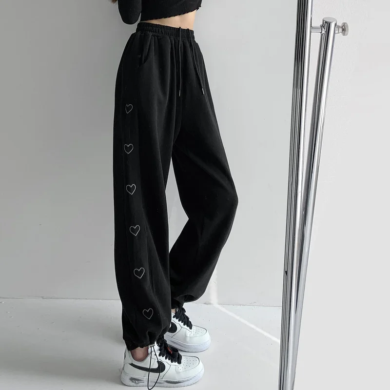 Wide Leg Pants Women Baggiest Harajuku Femme Streetwear Joggers Heart-Stitch Aesthetic Drawstring Pantalones Loose Soft Trendy