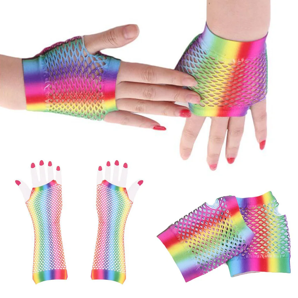 New Ladies Sexy Rainbow Color Mesh Net Fishnet Gloves Hollow Out Holes Fingerless Gloves Lady Disco Dance Costume Half Mittens