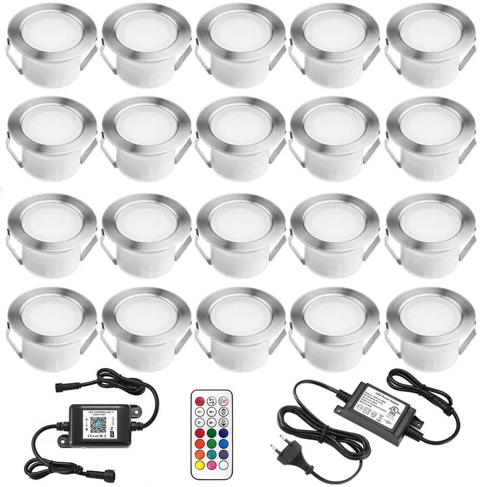 10/20/30X45mm Wifi Remote RGBWW IP67 Waterproof DC12V Recessed LED Deck Lights for Yard Garden Pathway Step Stairs Patio Ground