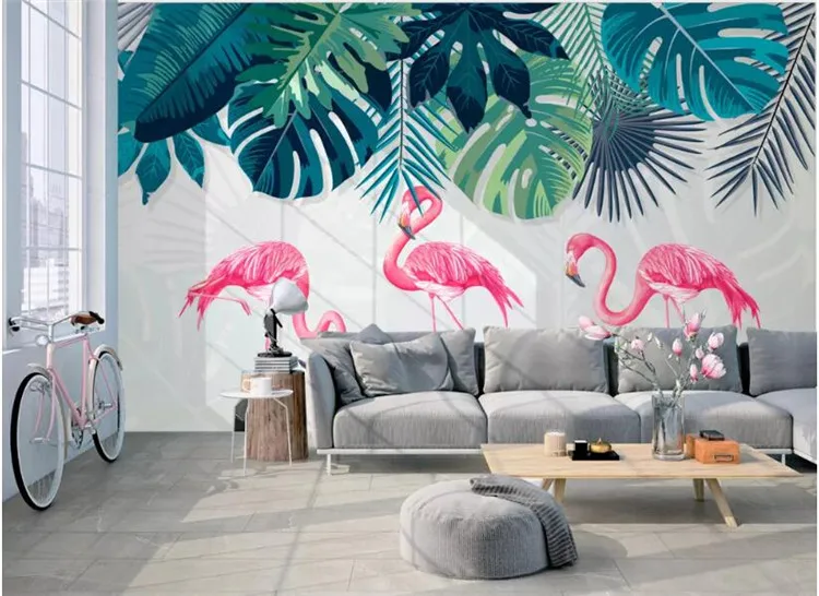 

Custom wallpaper Nordic high quality rainforest banana leaf flamingo garden background wall carta da parati wallpaper