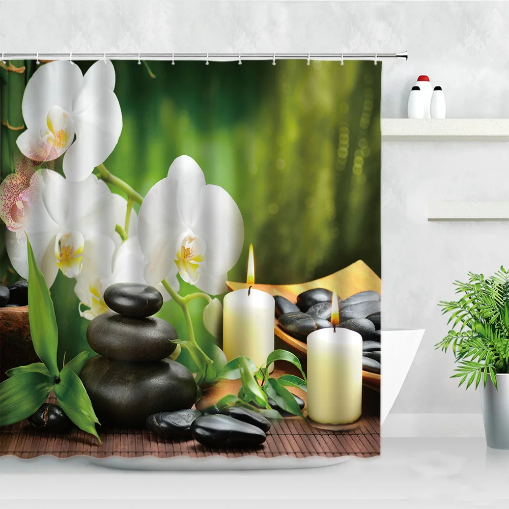 Green Bamboo Zen Shower Curtains Black Stone Purple White Orchid Flowers Candle Spa Scenery Bathroom Curtain Decor with Hooks