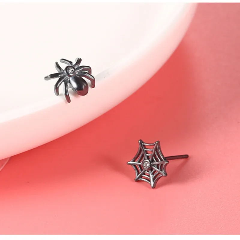 Buyee 925 Sterling Silver Unique Earring Cute Black Spider Mesh Earring for Woman Man Fashion Animal Punk Fine Jewelry Earring