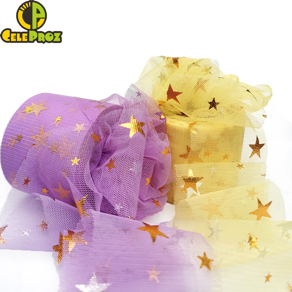 6cm 25yards Golden Star Tulle Rolls Ribbon Organza Mesh Tape For DIY Sewing Crafts Material Girl\'s Hair Bows Doll Tutu Bowknot