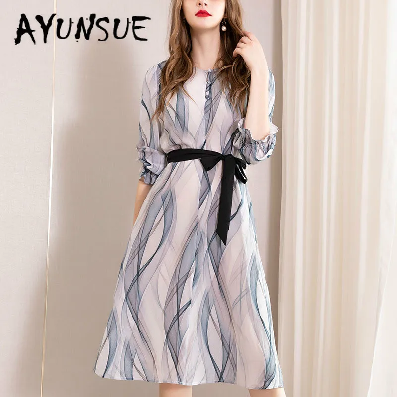 

Real Silk Dress Women Spring Summer Dress Korean Office Lady Midi Dress Elegant Party Dress Vestidos Mujer ML19410 YY2669