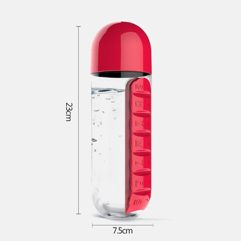 Garrafa De Bebida De Plástico com Pillbox, Drug Organizer Garrafa De Água, Medicine Pills Box, Travel Drinking Container, 7 Dias, 600ml