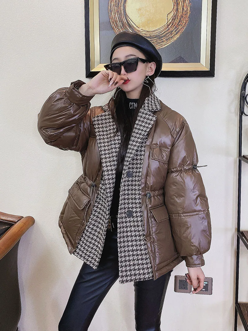 2024 Winter Jacket Women Woolen Coat Plaid Splicing Fake Two Pieces Down Cotton Padded Jacket Female Parka Coat Loose Outwear