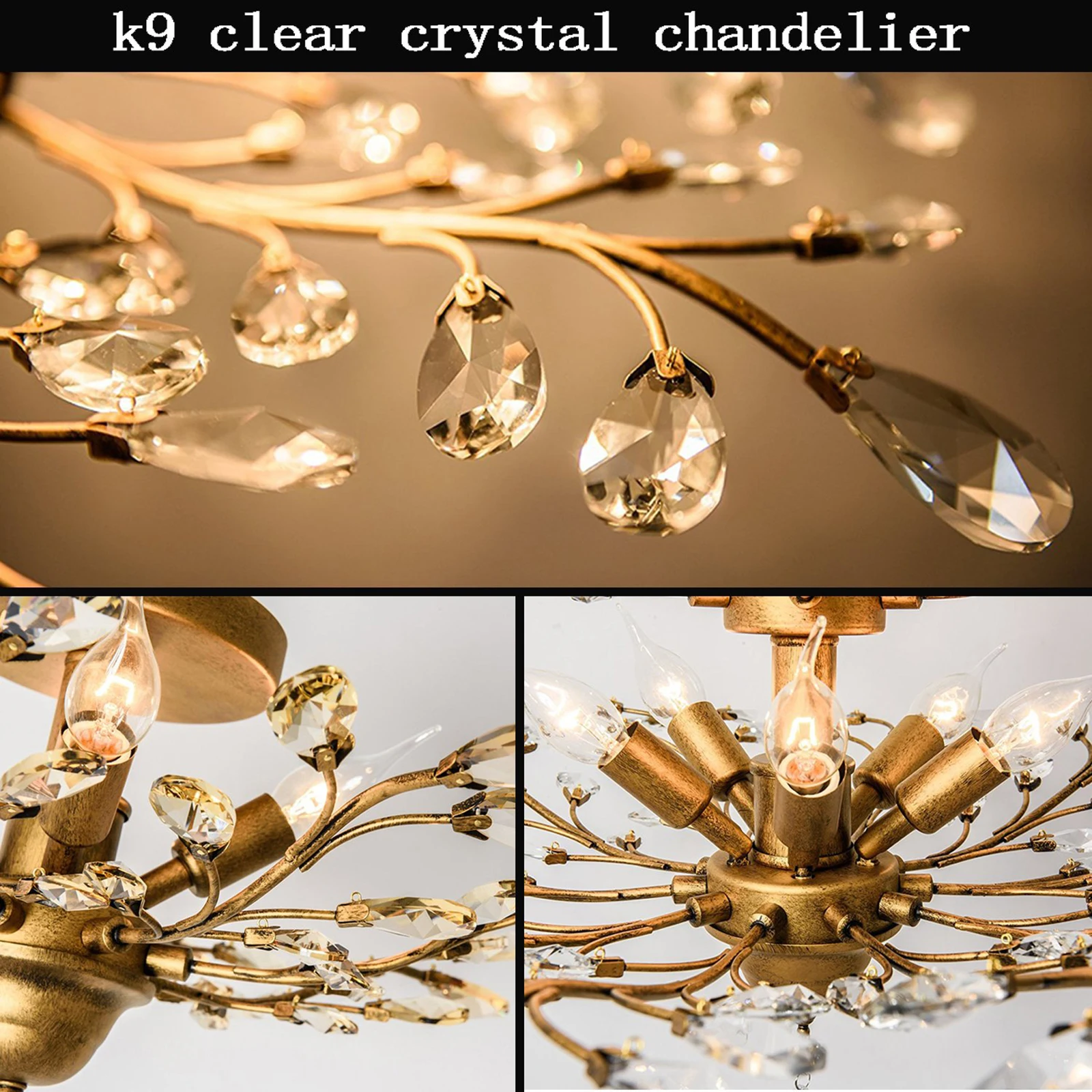 Vintage Crystal Black Chandeliers Light  K9 Clear LED Edison Lighting Flush Mounted for Living Room farmhouse Flower Chandeliers