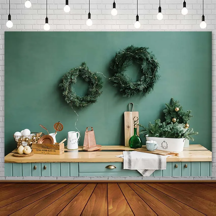 Fondo de árbol de Navidad para cocina, vajilla de campana con guirnalda, retrato familiar verde, fotografía, estudio fotográfico, decoración de Photozone