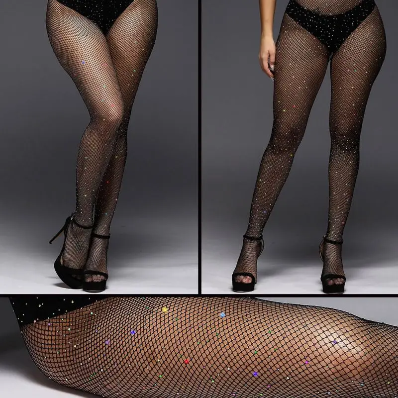 

Tights With Rhinestones Shiny Pantyhose Stockings Women's Mesh Sexy Underwear Fishnets Plus Size Erotic Nylon Cutout Big Black